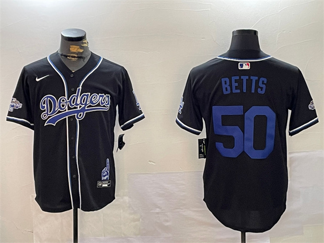 Men's Los Angeles Dodgers #50 Mookie Betts Black 2024 World Series Champions Limited Stitched Baseball Jersey Men's Los Angeles Dodgers #50 Mookie Betts Black 2024 World Series Champions Limited Stitched Baseball Jersey